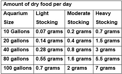 Amount of dry fish food per day by aquarium